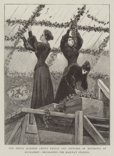 El príncipe heredero y la princesa recién casados de Rumania en Bucarest, decorando la estación de tren de Henry Charles Seppings Wright